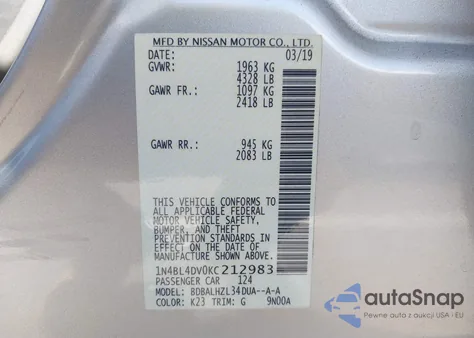 2019 Nissan Altima 2.5 Sv из США, поврежденный, VIN 1N4BL4DV0KC212983